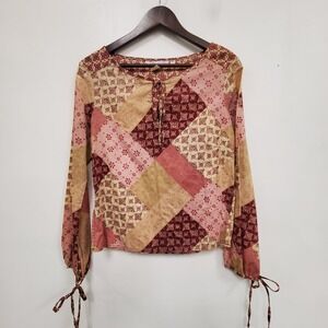 Vintage Lavender Womens Patchwork Tie Long Sleeve Top Size L Bohemian Hippie